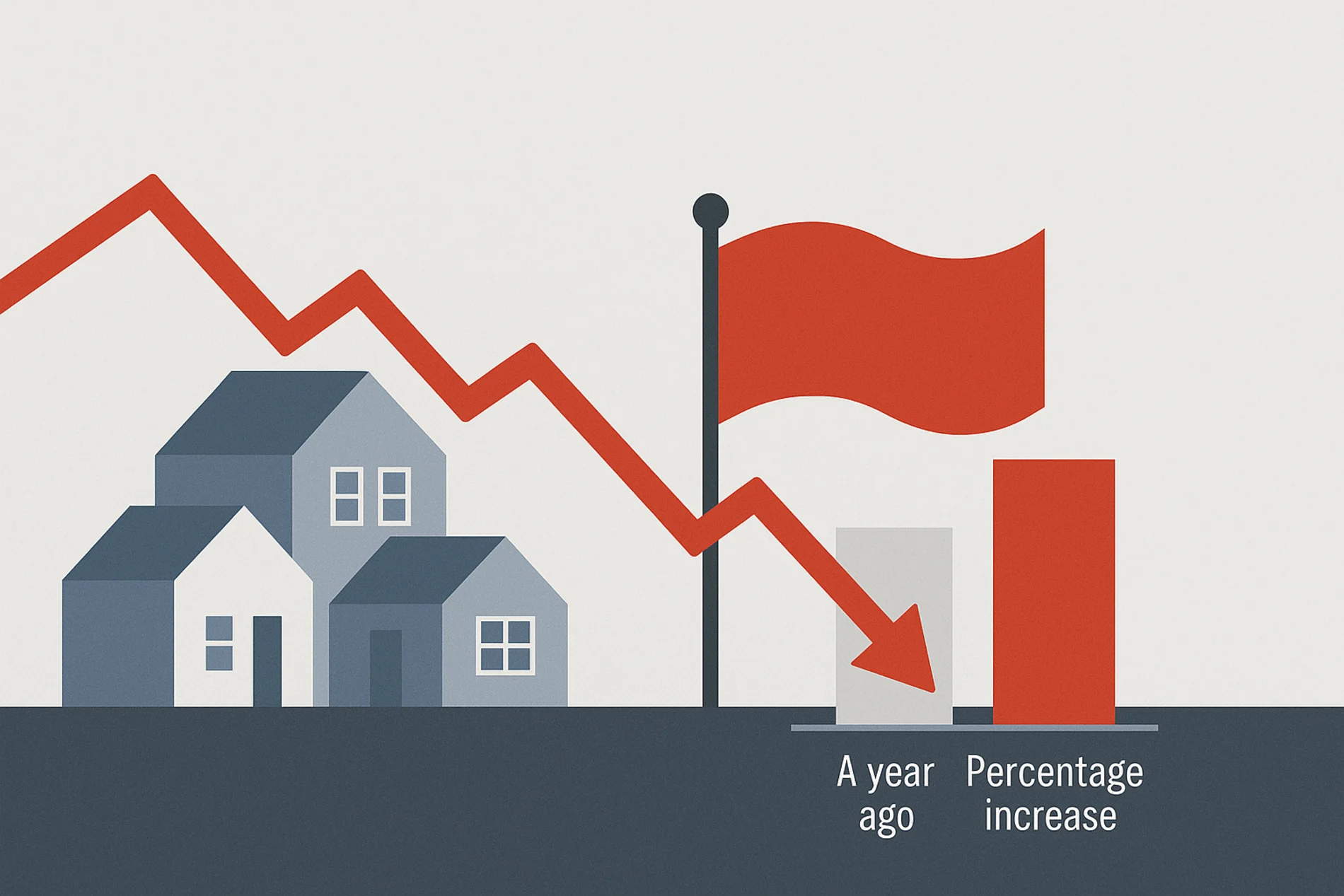 Red arrow graph showing a decline in the housing market with a red flag and bar chart comparing last year’s home sale cancellation rate to 2025's increase.